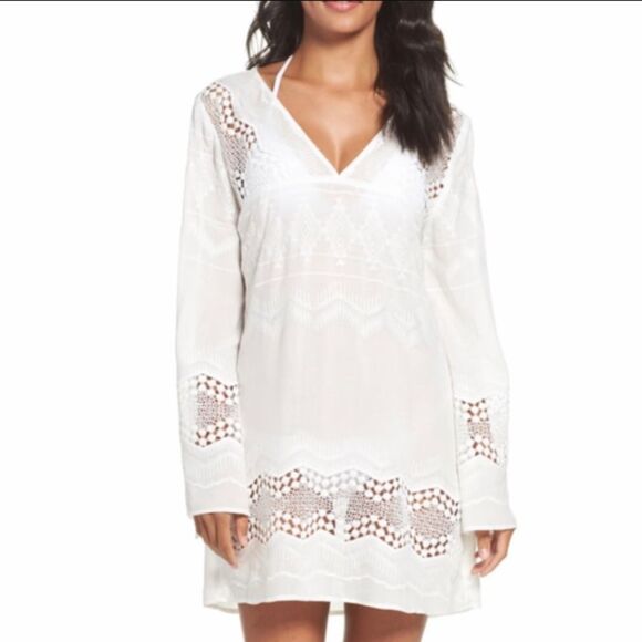 NWT La Blanca White Embroidered Eyelet V Neck Swim Cover Up Dress Bell Sleeves M - Picture 1 of 6